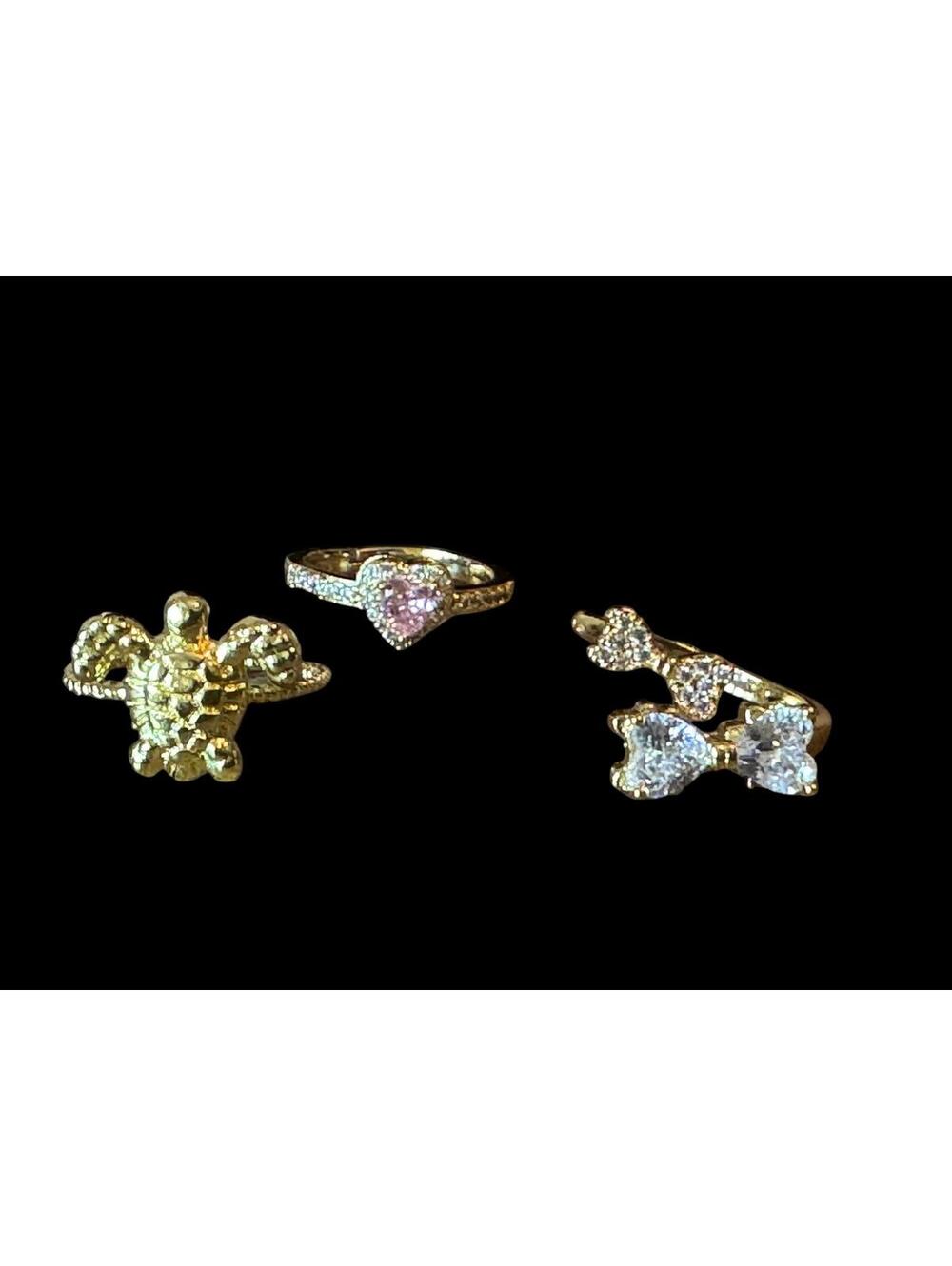 Set of 3 Gold Tone Rings with Pink and Clear Stones